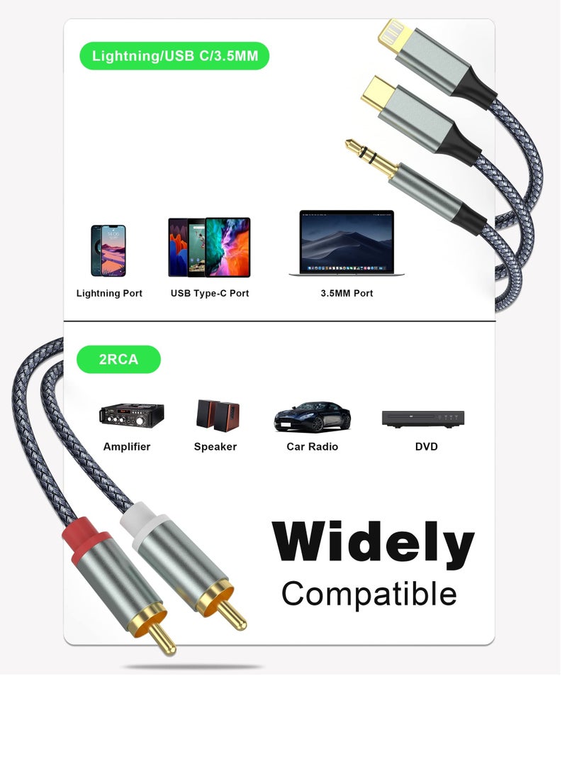 Lightning to RCA Cable Audio Aux Adapter,RCA to 3.5mm Cable，USB C to 2 RCA Audio Cable， (3 in 1 Audio Cable) for Power Amplifier, Car, Home Theater, Speaker and More(Lightning Compatible)  - Image 2