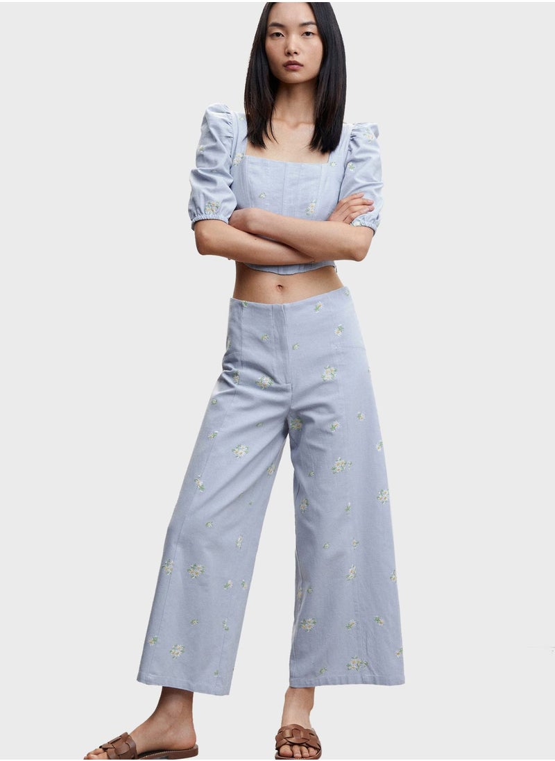 MANGO - Embroidered Wide Leg Pants - Image 1