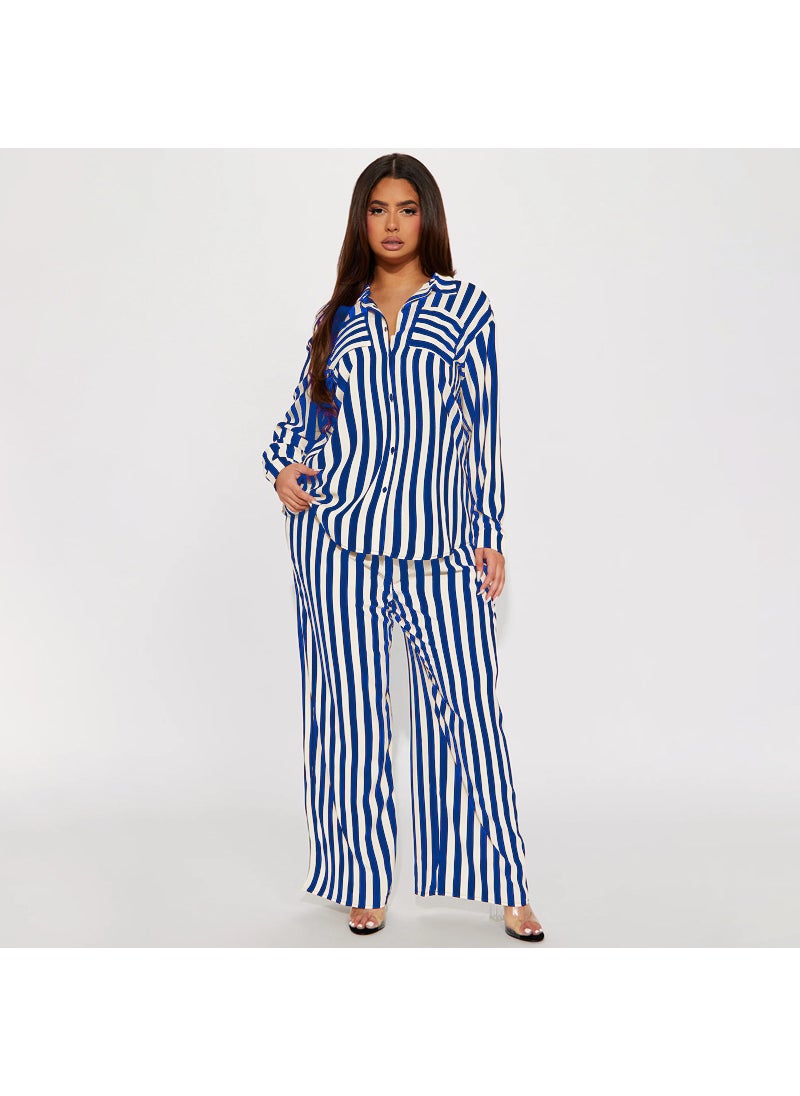 Generic Plus Size Striped Button-Down Shirt and Pants Set Yellow  - Image 2