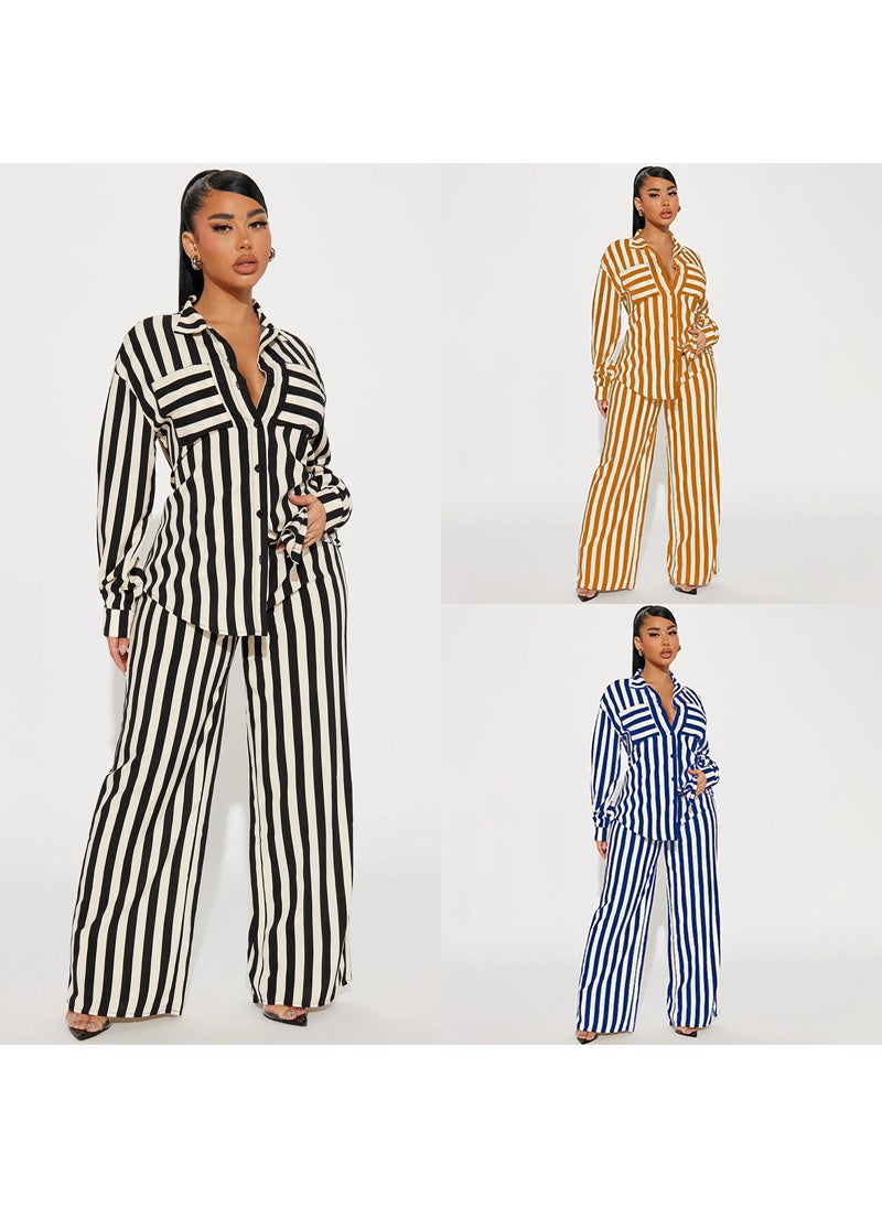 Generic Plus Size Striped Button-Down Shirt and Pants Set Yellow  - Image 4