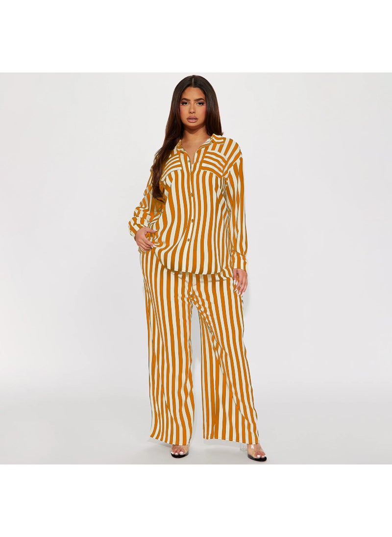 Generic Plus Size Striped Button-Down Shirt and Pants Set Yellow  - Image 1