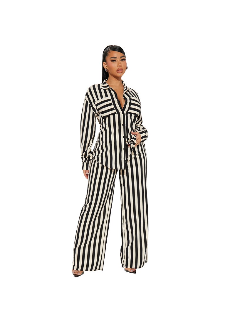 Generic Plus Size Striped Button-Down Shirt and Pants Set Yellow  - Image 3