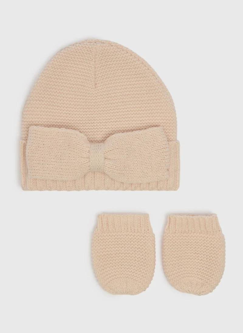 ماتلان 2 Piece Baby Pink Bow Hat & Mitten Set