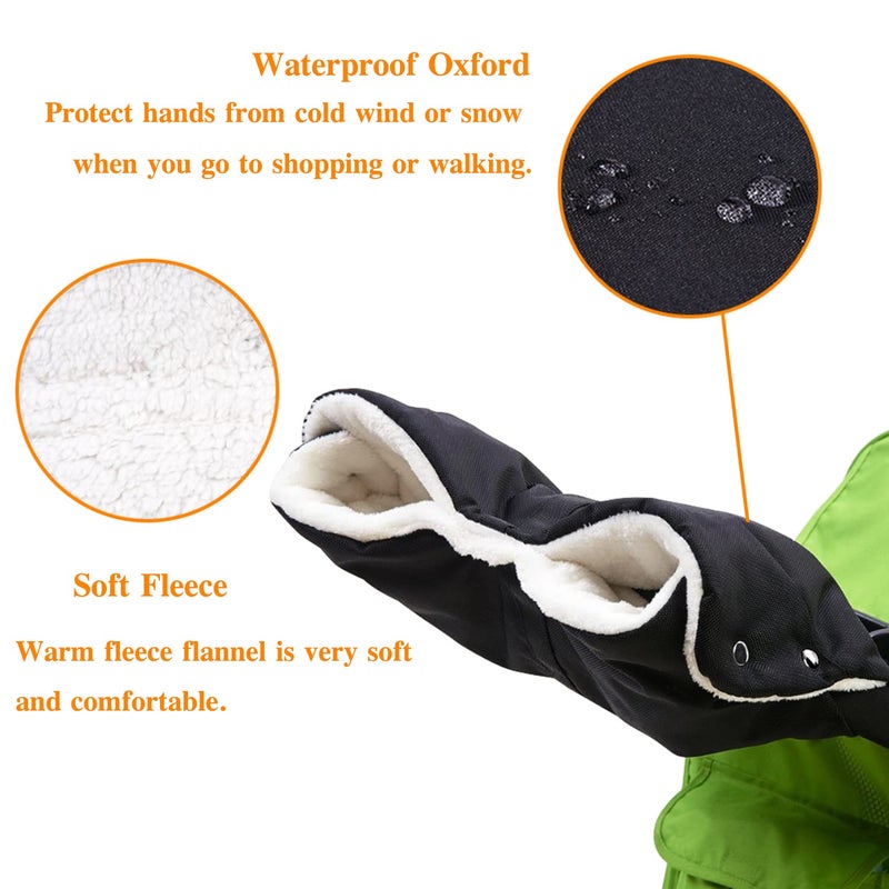 MAM Novelfun Baby Pushchair/Pram/Stroller/Buggy/Baby Carriage Gloves Universal Size Hand Muff Hand Warmer Waterproof Windproof Anti-Freeze Extra Thick Gray Lining Fleece - Black - Image 2