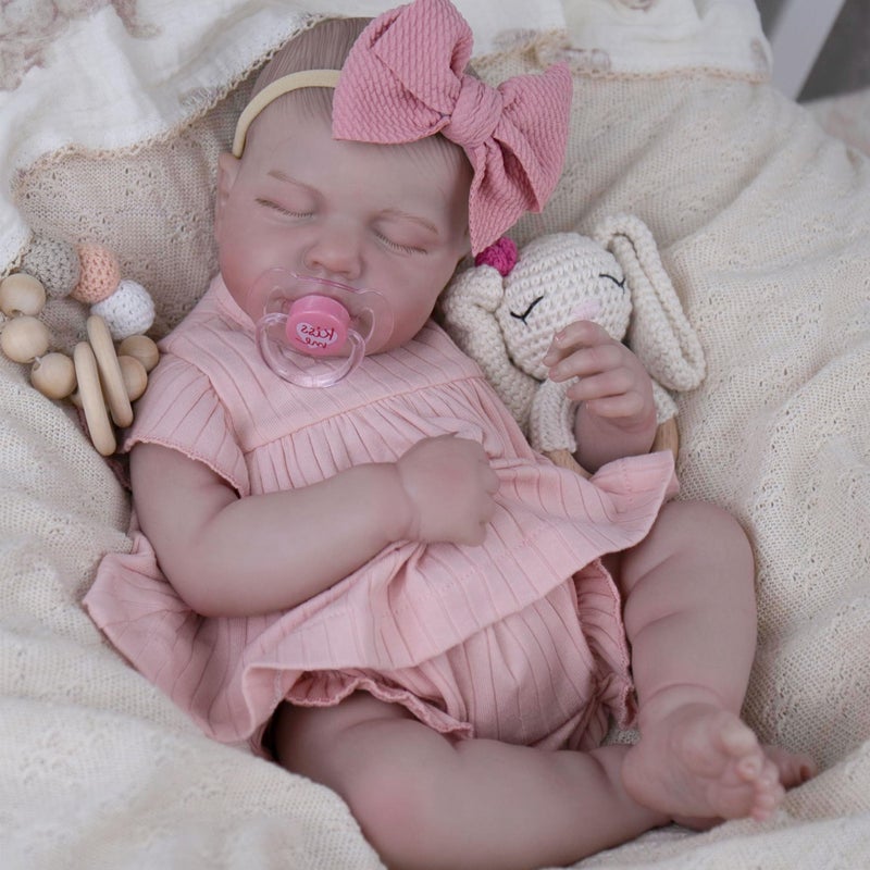 EKOKIZ Realistic Baby Doll 20Inch Reborn Baby Doll Girls Soft Cloth Body Newborn Dolls That Look Real Lovely Pretty Lifelike Doll with Pink Dress and Toy Accessories for Kids Age 3 - Image 3