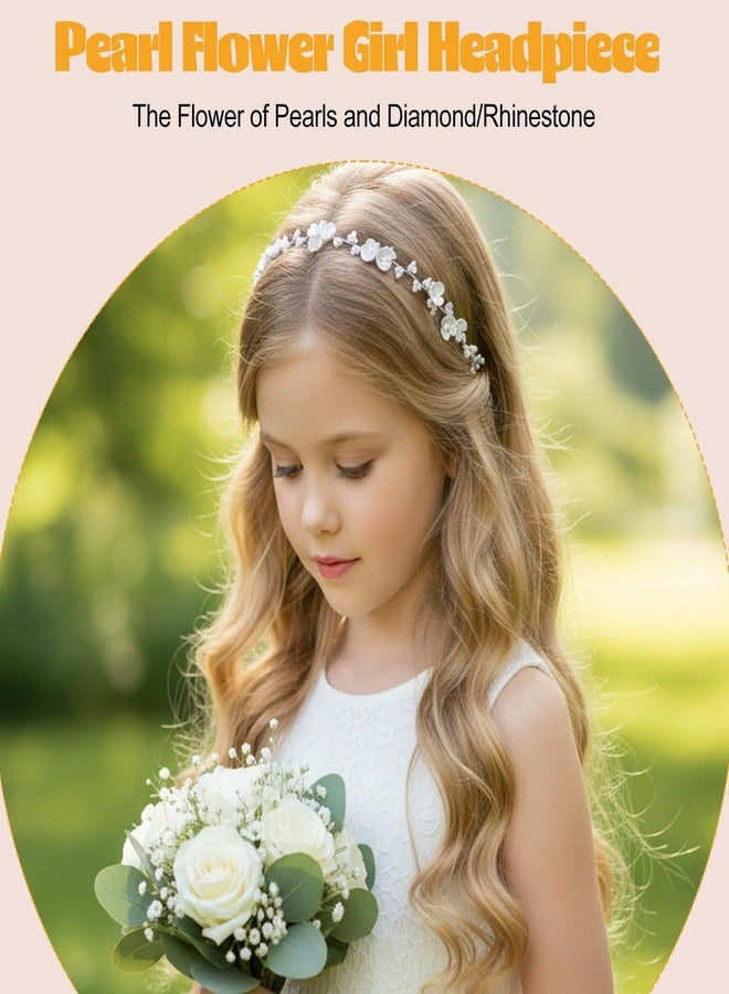 WJIAAA Flower Crystal Headpiece, 2PCS Flower Girl Headband for Wedding, Princess White Flowers Pearl Hair Dress for Bride, Rhinestone Pearl Headband for Birthday First Communion Wedding - Image 3
