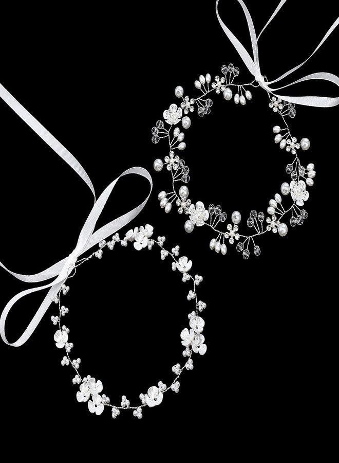 WJIAAA Flower Crystal Headpiece, 2PCS Flower Girl Headband for Wedding, Princess White Flowers Pearl Hair Dress for Bride, Rhinestone Pearl Headband for Birthday First Communion Wedding - Image 1