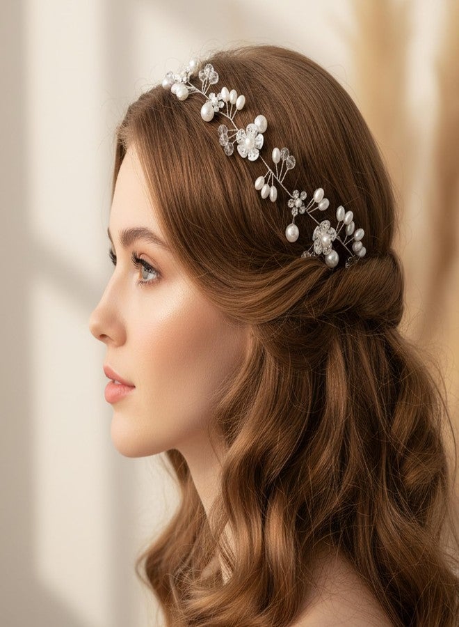 WJIAAA Flower Crystal Headpiece, 2PCS Flower Girl Headband for Wedding, Princess White Flowers Pearl Hair Dress for Bride, Rhinestone Pearl Headband for Birthday First Communion Wedding - Image 4