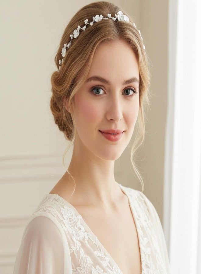 WJIAAA Flower Crystal Headpiece, 2PCS Flower Girl Headband for Wedding, Princess White Flowers Pearl Hair Dress for Bride, Rhinestone Pearl Headband for Birthday First Communion Wedding - Image 2