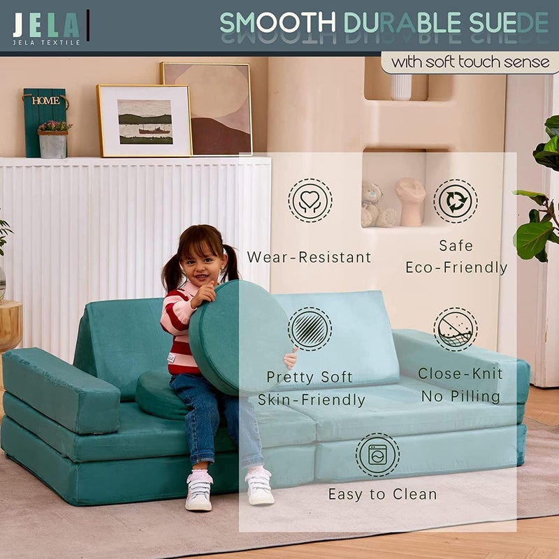 jela Kids Couch 10PCS, Floor Couch Floor Sofa Modular Furniture for Kids and Adults, Playhouse Play Set for Toddlers Babies, Modular Foam Play Couch, Modular Sectional Sofa (Light Blue) - Image 5