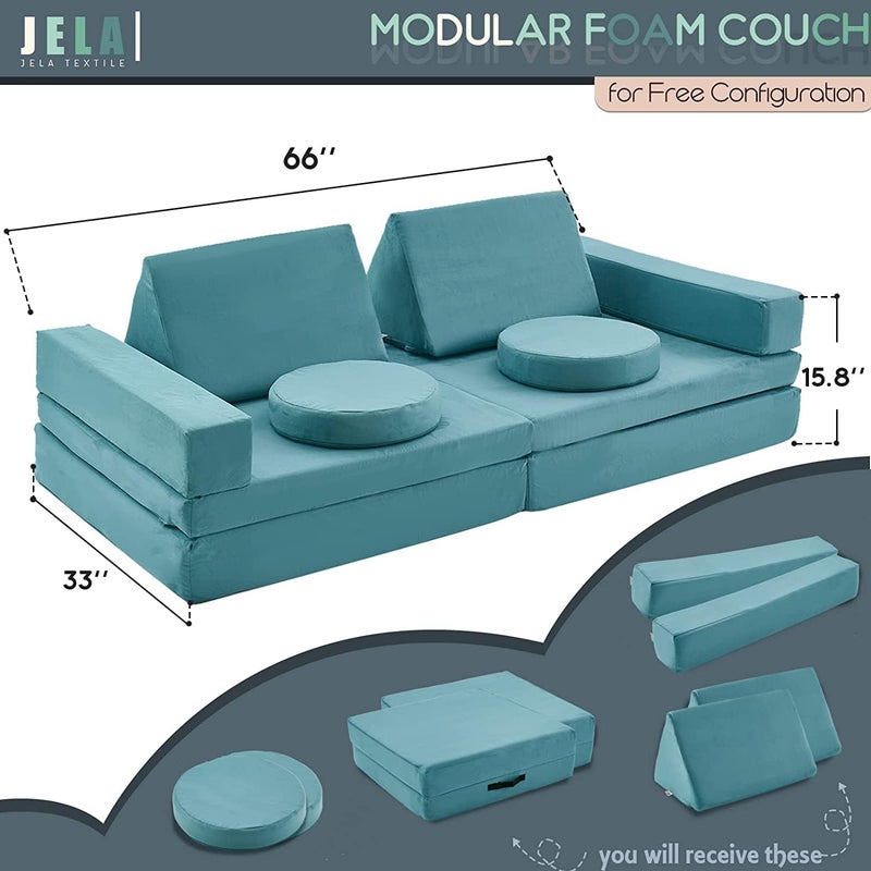 jela Kids Couch 10PCS, Floor Couch Floor Sofa Modular Furniture for Kids and Adults, Playhouse Play Set for Toddlers Babies, Modular Foam Play Couch, Modular Sectional Sofa (Light Blue) - Image 2