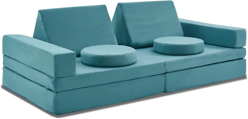 jela Kids Couch 10PCS, Floor Couch Floor Sofa Modular Furniture for Kids and Adults, Playhouse Play Set for Toddlers Babies, Modular Foam Play Couch, Modular Sectional Sofa (Light Blue) - Image 3