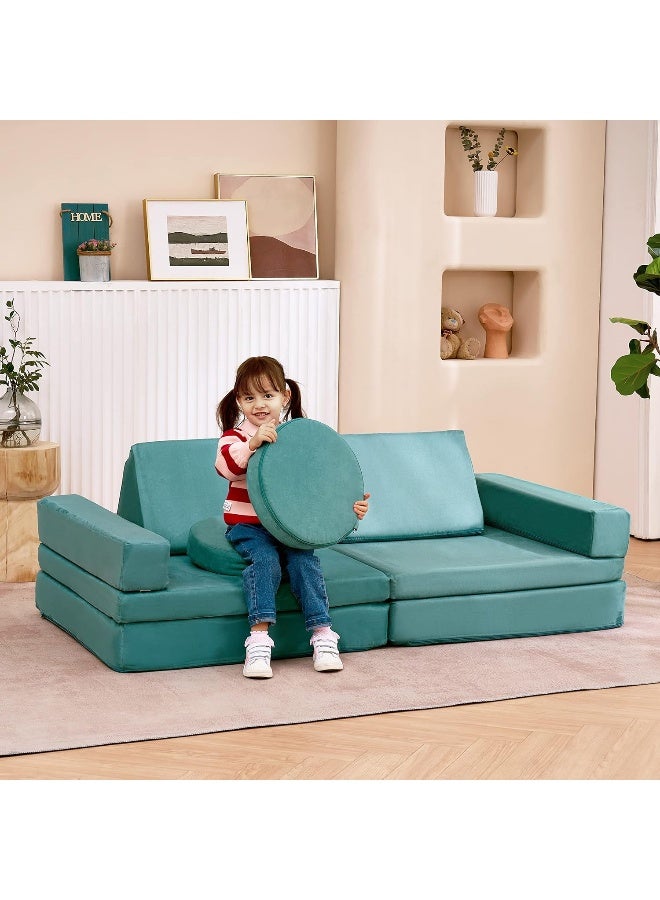 jela Kids Couch 10PCS, Floor Couch Floor Sofa Modular Furniture for Kids and Adults, Playhouse Play Set for Toddlers Babies, Modular Foam Play Couch, Modular Sectional Sofa (Light Blue) - Image 1