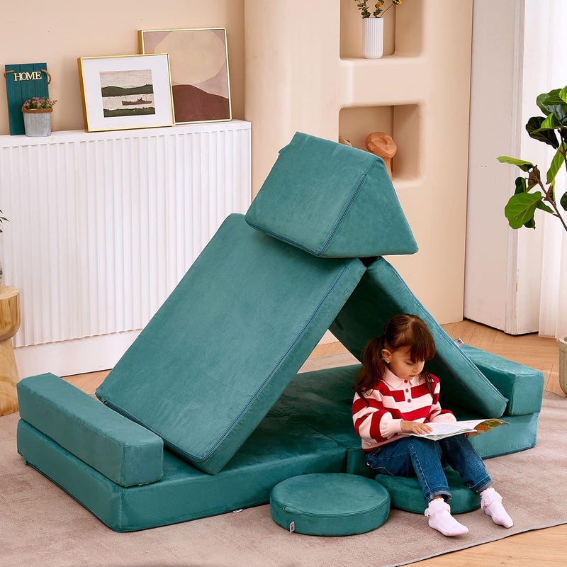 jela Kids Couch 10PCS, Floor Couch Floor Sofa Modular Furniture for Kids and Adults, Playhouse Play Set for Toddlers Babies, Modular Foam Play Couch, Modular Sectional Sofa (Light Blue) - Image 4