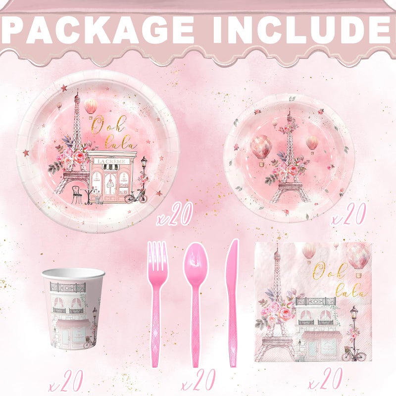 Outego Paris Party Decorations Set - Chic Parisian Party Plates, Cups, Napkins, and Cutlery for a Magical Celebration - Elegant and Disposable Paris Party Supplies for Birthdays and Events - Image 2