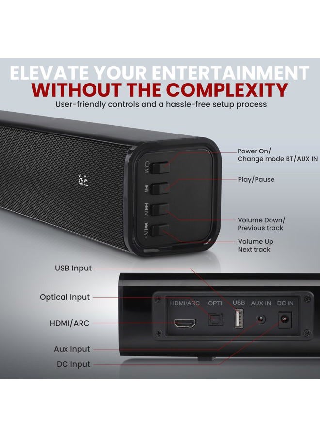 Pyle Wave Base Wireless BT Soundbar - Compact Tabletop Home Theater Sound System with AUX, Extended Bass, Full-Range Stereo, TV Stand Mount, LED Indicators, Easy Setup, 23' x 2' x 2” in - Image 2