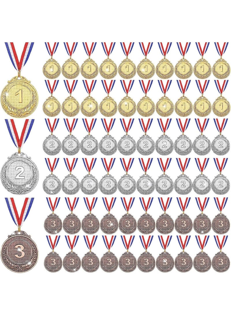63 PCS Gold Silver Bronze Award Medals, Metal Winner Award Medals with Neck Ribbon, 1st 2nd 3rd Prize Medals for Kids, Adults, Competitions, Sports, Spelling Bees, Olympic Style - Image 1
