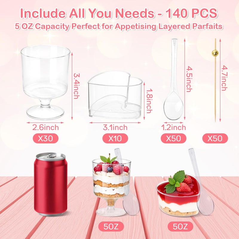 JIURUN 140Pcs Dessert Cups with Spoons 5oz Mini Clear Appetizer Parfait Cups and Heart Plastic Dessert Cups with Cocktail Picks for Fruit Ice Cream Cake Party Birthday Party Events Supplies - Image 3