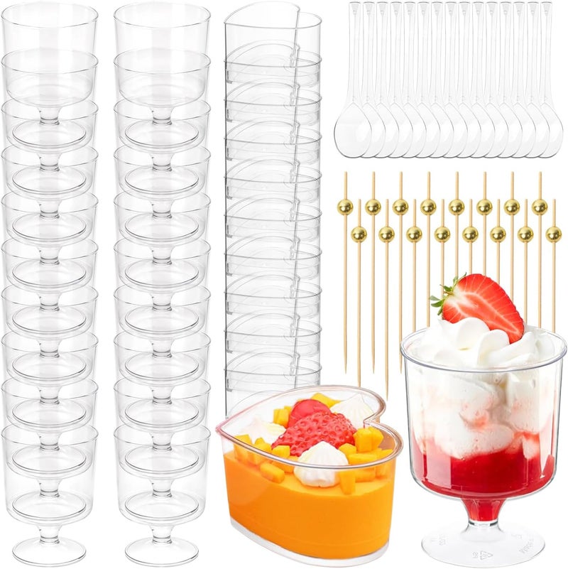 JIURUN 140Pcs Dessert Cups with Spoons 5oz Mini Clear Appetizer Parfait Cups and Heart Plastic Dessert Cups with Cocktail Picks for Fruit Ice Cream Cake Party Birthday Party Events Supplies - Image 1