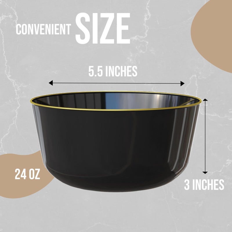 Trendables Plastic Bowls Disposable Bowls 24 Oz Bowl Set Of 10 Black Gold Rimmed Fancy Plastic Serving Dishes Perfect for Parties and Events Disposable Candy Bowl - Image 4