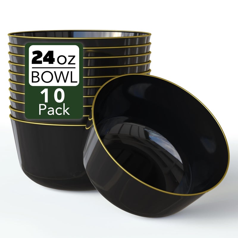 Trendables Plastic Bowls Disposable Bowls 24 Oz Bowl Set Of 10 Black Gold Rimmed Fancy Plastic Serving Dishes Perfect for Parties and Events Disposable Candy Bowl - Image 1