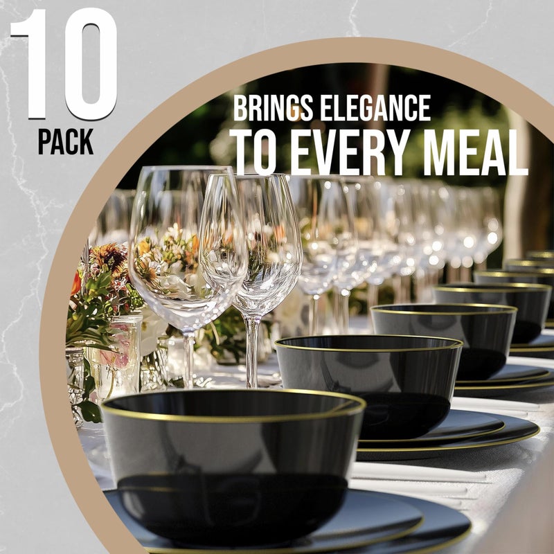 Trendables Plastic Bowls Disposable Bowls 24 Oz Bowl Set Of 10 Black Gold Rimmed Fancy Plastic Serving Dishes Perfect for Parties and Events Disposable Candy Bowl - Image 2