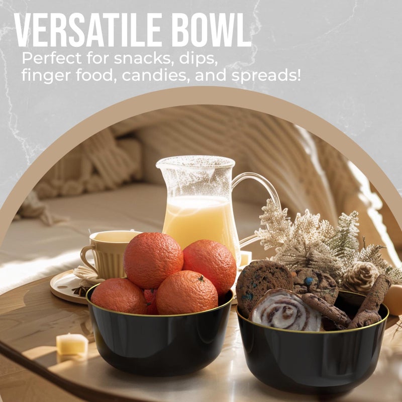 Trendables Plastic Bowls Disposable Bowls 24 Oz Bowl Set Of 10 Black Gold Rimmed Fancy Plastic Serving Dishes Perfect for Parties and Events Disposable Candy Bowl - Image 3