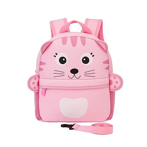 KK CRAFTS Preschool Toddler Backpack with Leash, 3D Cute Cartoon Neoprene Animal Schoolbag for Kids Boys Girls(Pink Cat) - Image 1