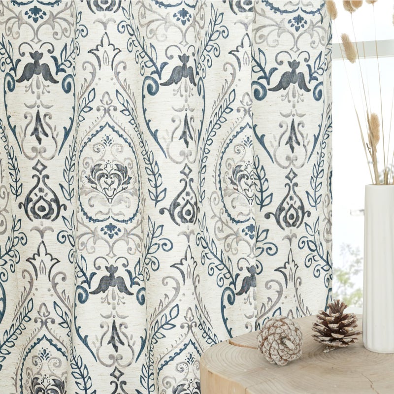 LAMIT Linen Curtains for Living Room 84 inch Length 2 Panels Set, Light Filtering Privacy Grommet Vintage Boho Damask Printed Window Drapes for Bedroom, Greyish Blue, Each 52 x 84 Inch - Image 2