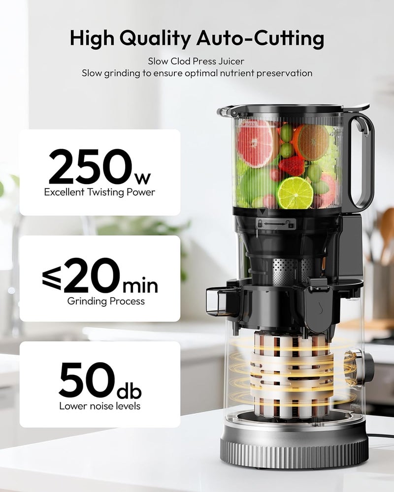 EUHOMY Cold Press Juicer Machines, 13cm Wide Feed Chute, Slow Masticating Juicer for Whole Vegetables and Fruits, 99.6% High Juice Yield, Easy to clean, Juicer Machines with BPA Free, Grey - Image 5