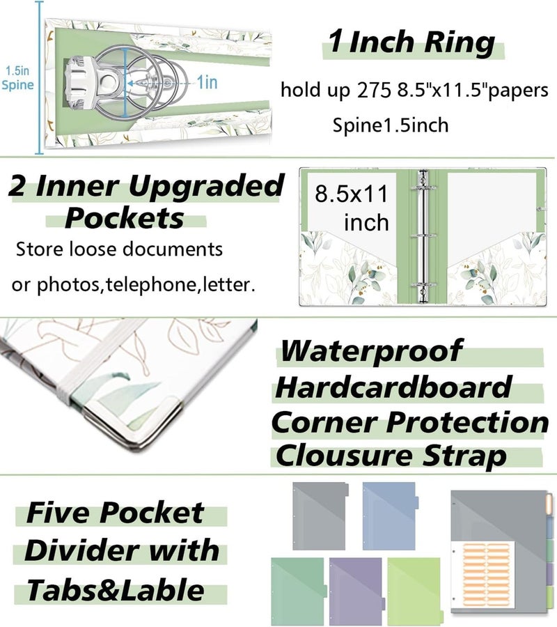 KLLVE 3 Ring 1 Inch Binder Organizer, KLLVE Three Ring Binders with Clipboard, 5 Pocket Divider with tabs, Folder, 18 Divider Stikers, Pen Loop (Leaves, Letter Size) - Image 4