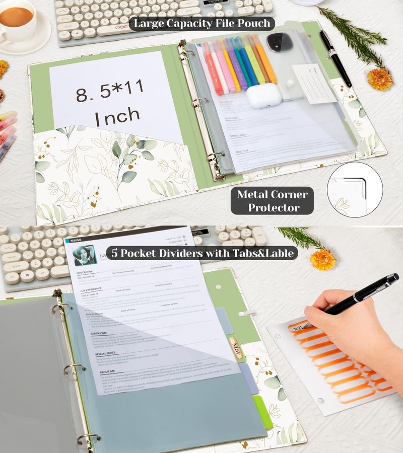 KLLVE 3 Ring 1 Inch Binder Organizer, KLLVE Three Ring Binders with Clipboard, 5 Pocket Divider with tabs, Folder, 18 Divider Stikers, Pen Loop (Leaves, Letter Size) - Image 3