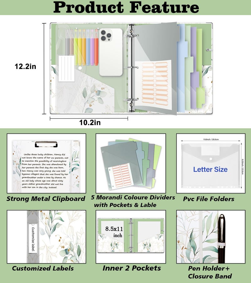 KLLVE 3 Ring 1 Inch Binder Organizer, KLLVE Three Ring Binders with Clipboard, 5 Pocket Divider with tabs, Folder, 18 Divider Stikers, Pen Loop (Leaves, Letter Size) - Image 2