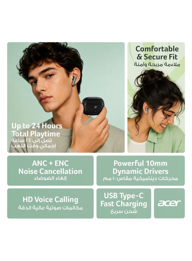 Acer True Wireless Earbuds, Active Noise Cancellation (ANC), Bluetooth 5.4, 24-Hour Playtime, ENC Clear Calls, IPX4 Sweatproof, Gaming & Sports Headphones - Black black - Image 5