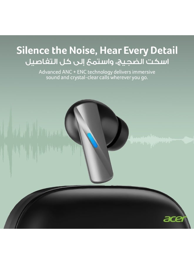 Acer True Wireless Earbuds, Active Noise Cancellation (ANC), Bluetooth 5.4, 24-Hour Playtime, ENC Clear Calls, IPX4 Sweatproof, Gaming & Sports Headphones - Black black - Image 2