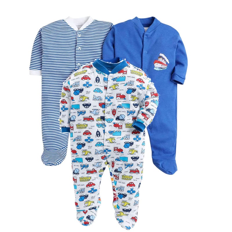 EIO 100% Cotton Rompers/Sleep Suits/Jumpsuit/Night Suits for Baby Boys & Girls, Infants, New Born Pack of 3 (Royal Blue, 3-6 M) - Image 4