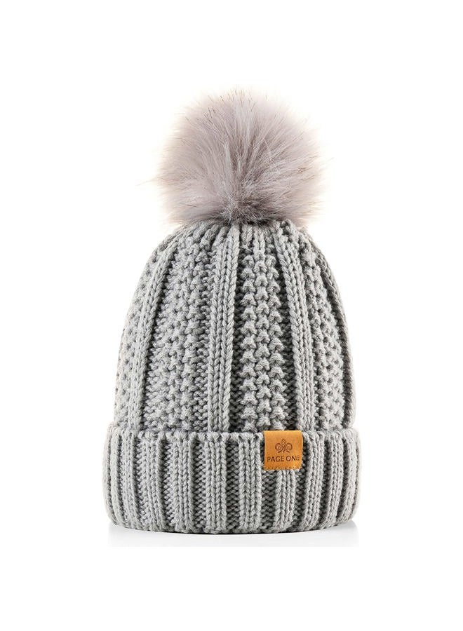 PAGE ONE Womens Winter Thick Cable Knit Beanie Faux Fur Pom Hat Fleece Lined Skull Cap, Light Gray, One size - Image 1