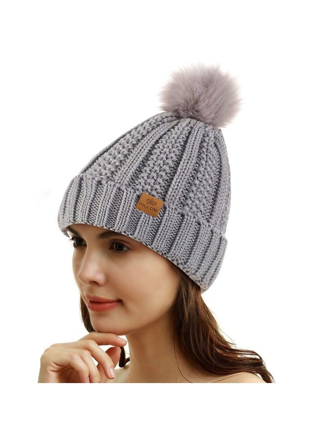PAGE ONE Womens Winter Thick Cable Knit Beanie Faux Fur Pom Hat Fleece Lined Skull Cap, Light Gray, One size - Image 2