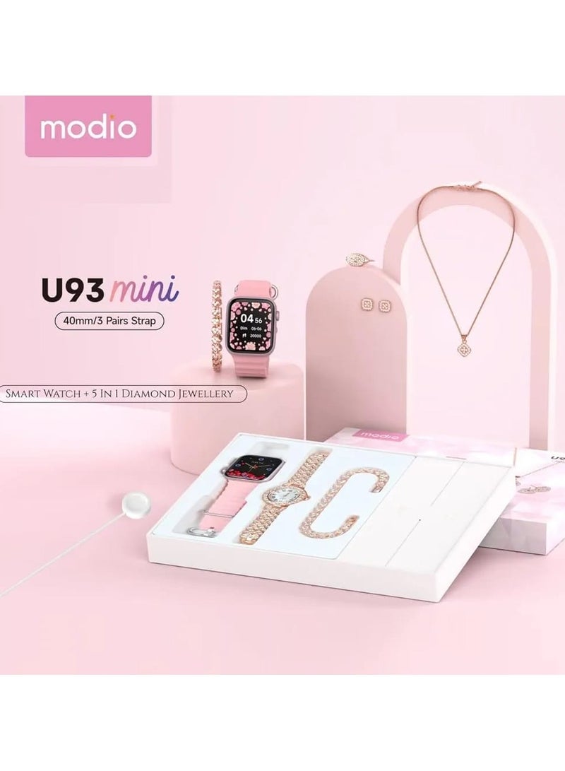موديو ساعة Modio U93 Mini الذكية مقاس 40 مم - تتضمن 3 أحزمة سيليكون قابلة للتبديل + مجموعة مجوهرات 5 في 1 مستوحاة من الماس - Image 1