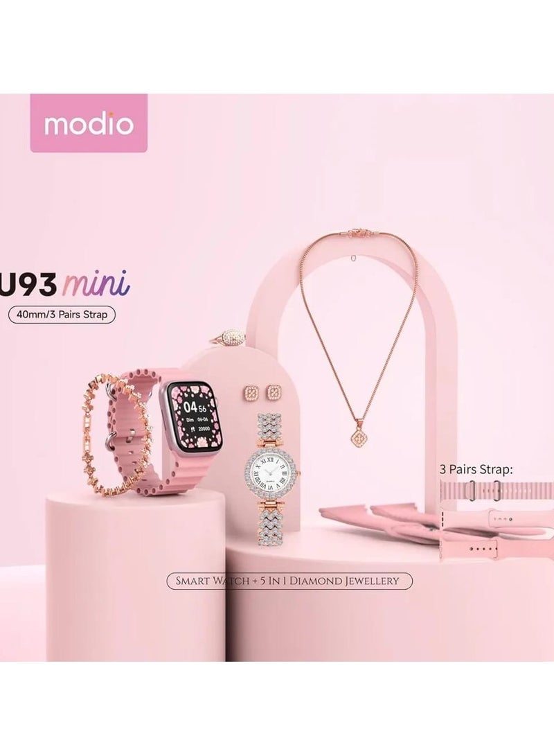 موديو ساعة Modio U93 Mini الذكية مقاس 40 مم - تتضمن 3 أحزمة سيليكون قابلة للتبديل + مجموعة مجوهرات 5 في 1 مستوحاة من الماس - Image 2