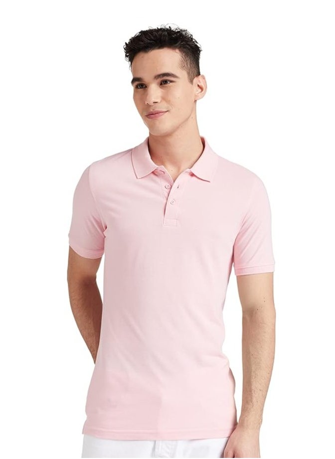 LOUD UNIVERSE Mens Light Pink Plain Cotton Pique Summer Fabric Mens Polo Shirt 