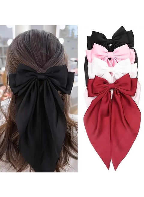 Elegant 4pcs Satin Bow Hair Clips Set - Large, Cute Butterfly Barrettes in Black, White, Pink, Burgundy for Women and Girls
