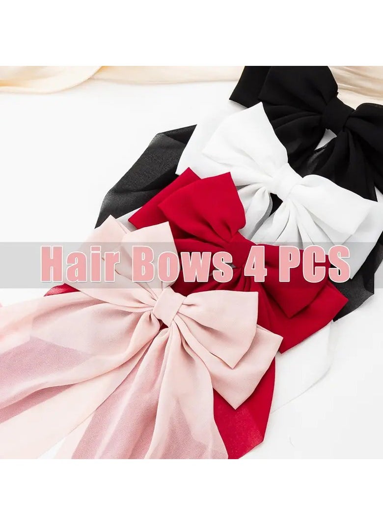 Elegant 4pcs Satin Bow Hair Clips Set - Large, Cute Butterfly Barrettes in Black, White, Pink, Burgundy for Women and Girls