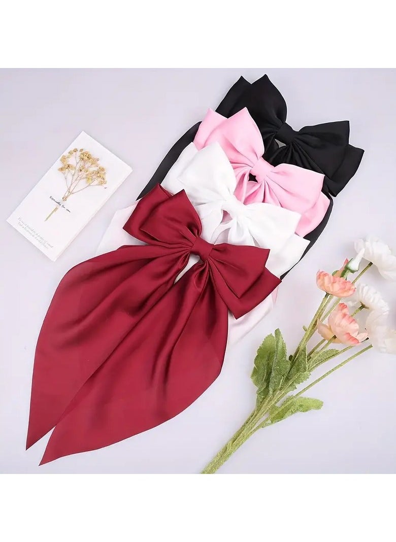 Elegant 4pcs Satin Bow Hair Clips Set - Large, Cute Butterfly Barrettes in Black, White, Pink, Burgundy for Women and Girls