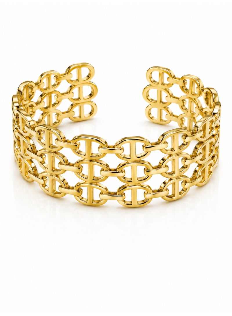 Women’s Gold-Tone Wide Link Cuff Bracelet with Multi-Row Interlocking Design