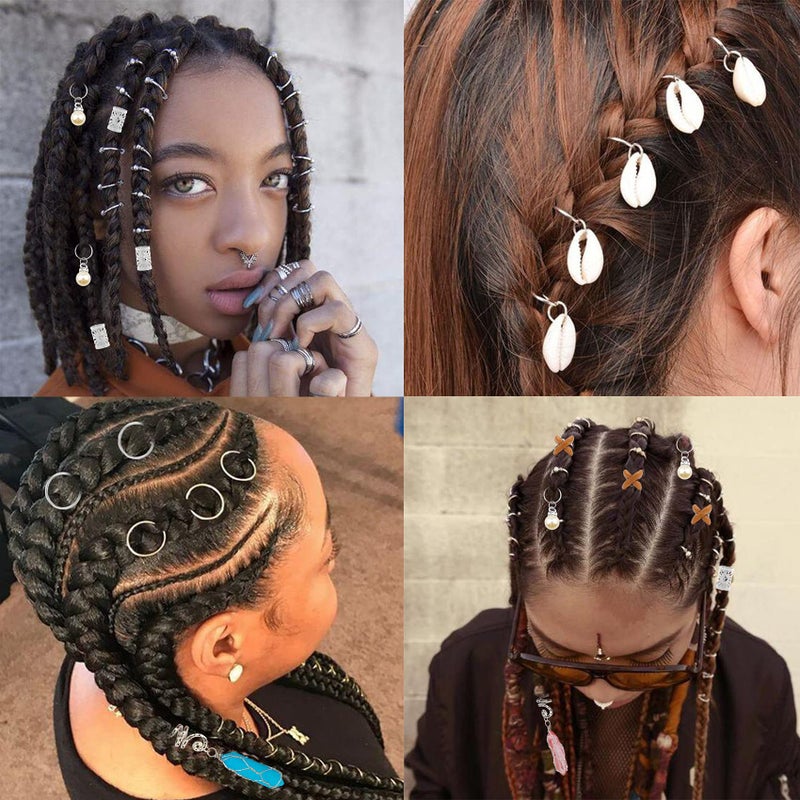 Messen 69 PCS Dreadlocks Jewelry Handemade Crystal Wire Wrapped Braids Hair Accessories Imitation Wood Beads Aluminum Hair Cuffs Coils Hair Rings Pearl Pendants for Hair Decoration (Silver) - Image 4