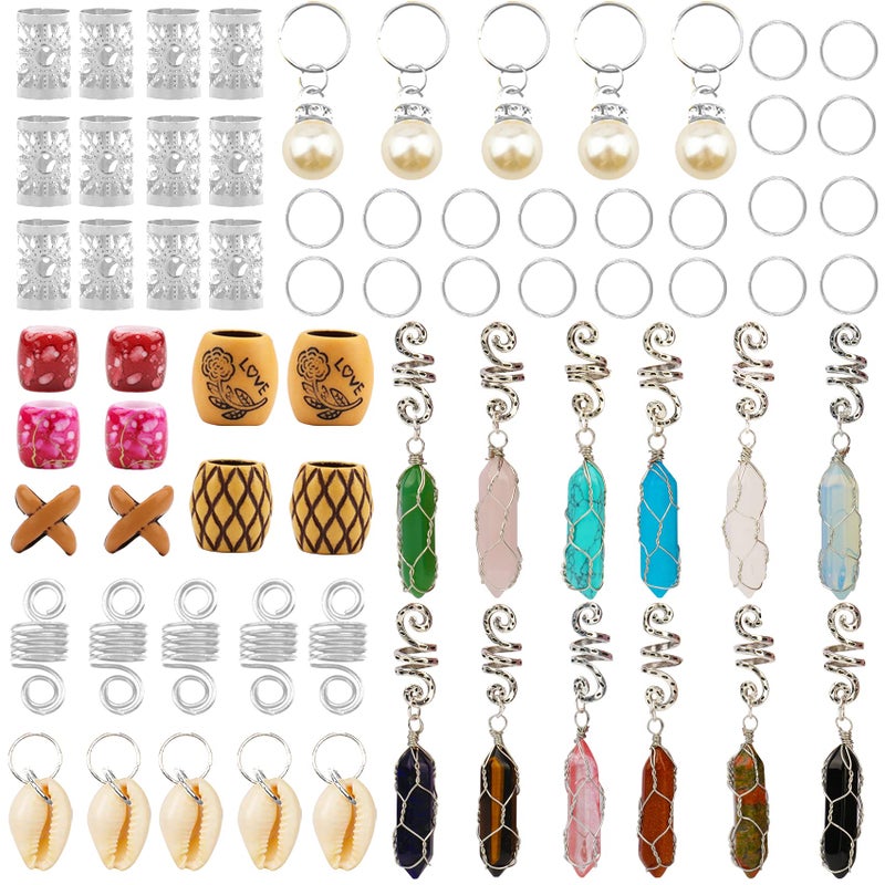 Messen 69 PCS Dreadlocks Jewelry Handemade Crystal Wire Wrapped Braids Hair Accessories Imitation Wood Beads Aluminum Hair Cuffs Coils Hair Rings Pearl Pendants for Hair Decoration (Silver) - Image 3