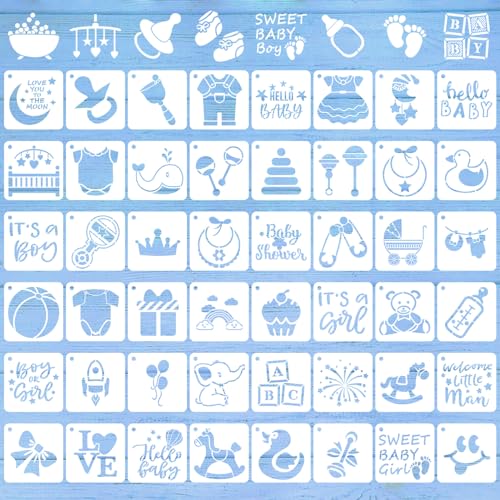 Augshy 56 Pieces Baby Shower Stencils for Painting, 3 Inch Cute Onesie Stencil Mixed Animals Pattern Painting Stencils, Reusable Baby Shower Cake for Bodysuit Shoes Bibs Clothes - Image 1