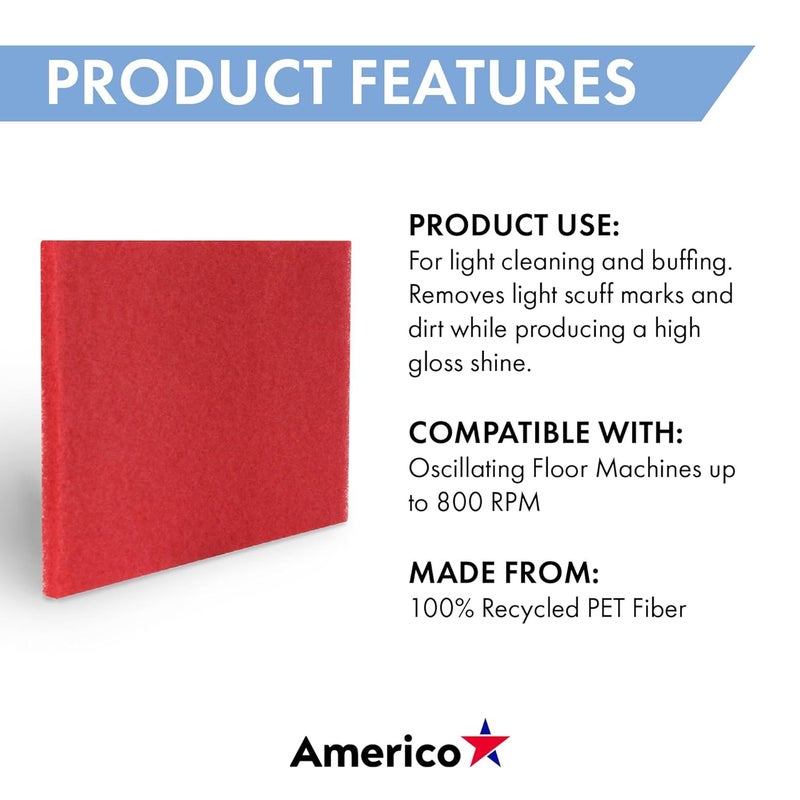 Americo Red Buffer Floor Pad, for Light Cleaning and Buffing, 14"x32", 5 Pads/Case, Made of 100% Recycled Content, USA Made - Image 4