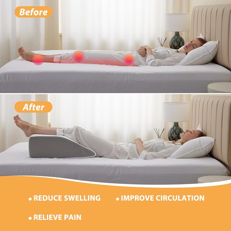 Bedluxe Leg Pillow, 8inch Leg Elevating Pillow for After Surgery, Blood Circulation, Leg Wedge Pillow for Side Sleeping, Leg Rest for Swelling, Cooling Gel Memory Foam Top, White/Grey - Image 3
